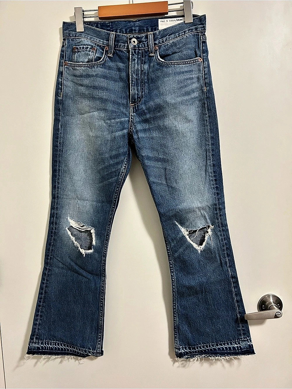 rag & bone Jean Cropped Flare Jeans 26 Distressed Knees Raw Hem 100% Cotton Made